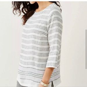 J.Jill Love Linen Women's White Gray Striped 3/4 Sleeve Blouse Top Size Small